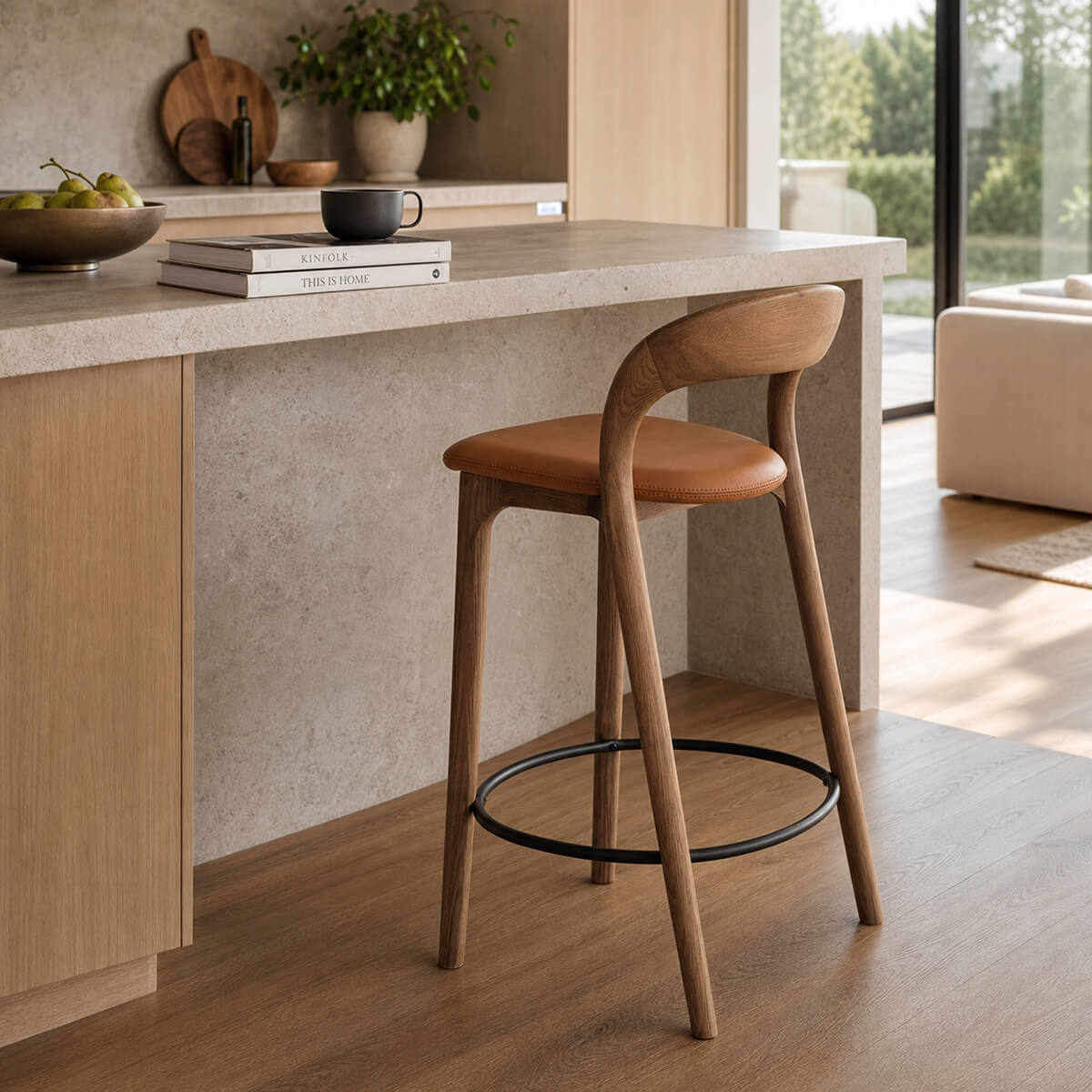 Arlo bar stool beside a modern kitchen island