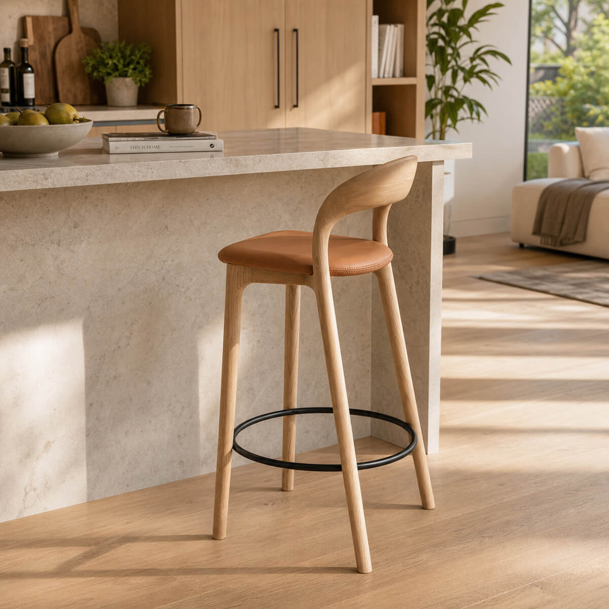 Side angle view of Arlo bar stool in a modern home