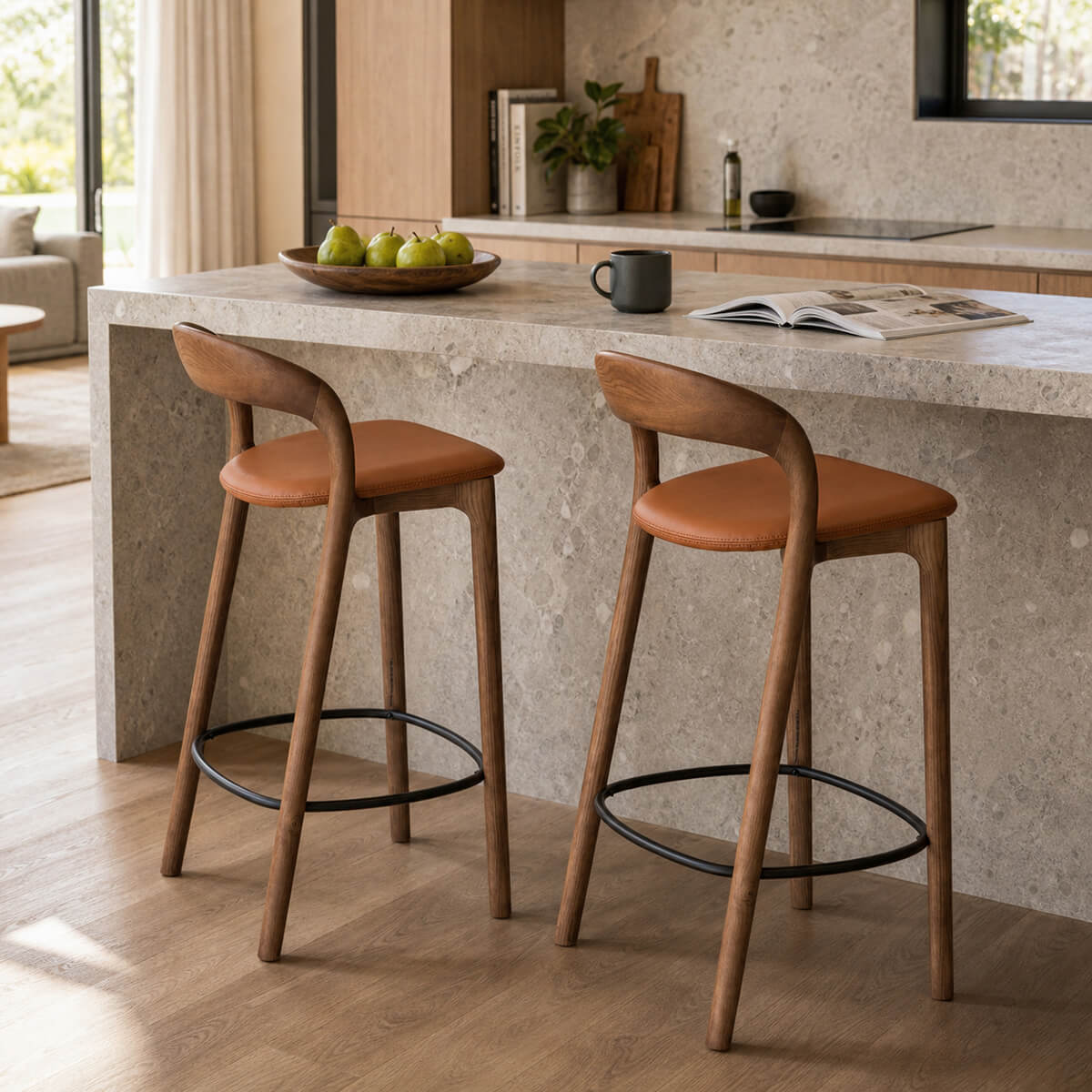 Arlo bar stools in a modern kitchen island setting