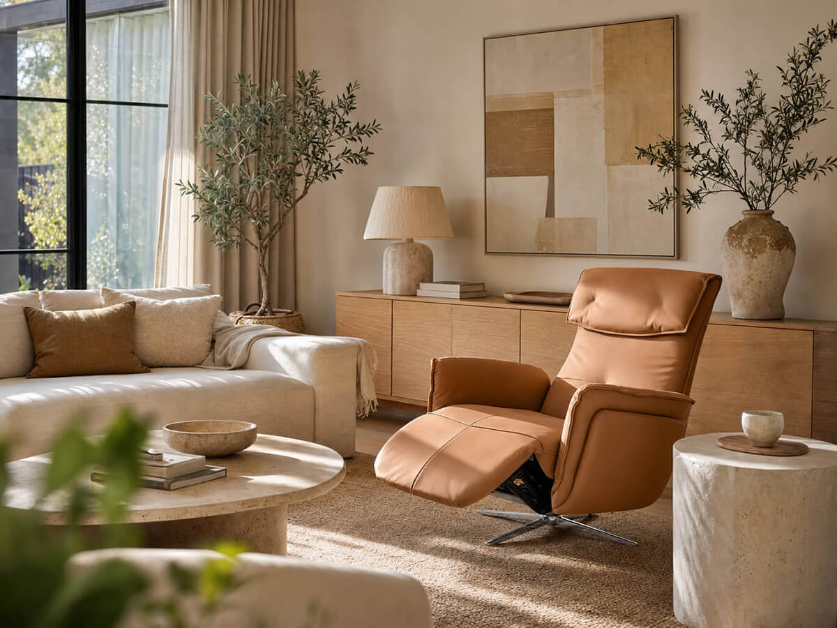 Copenhagen electric recliner chair in living room setting in the reclined position