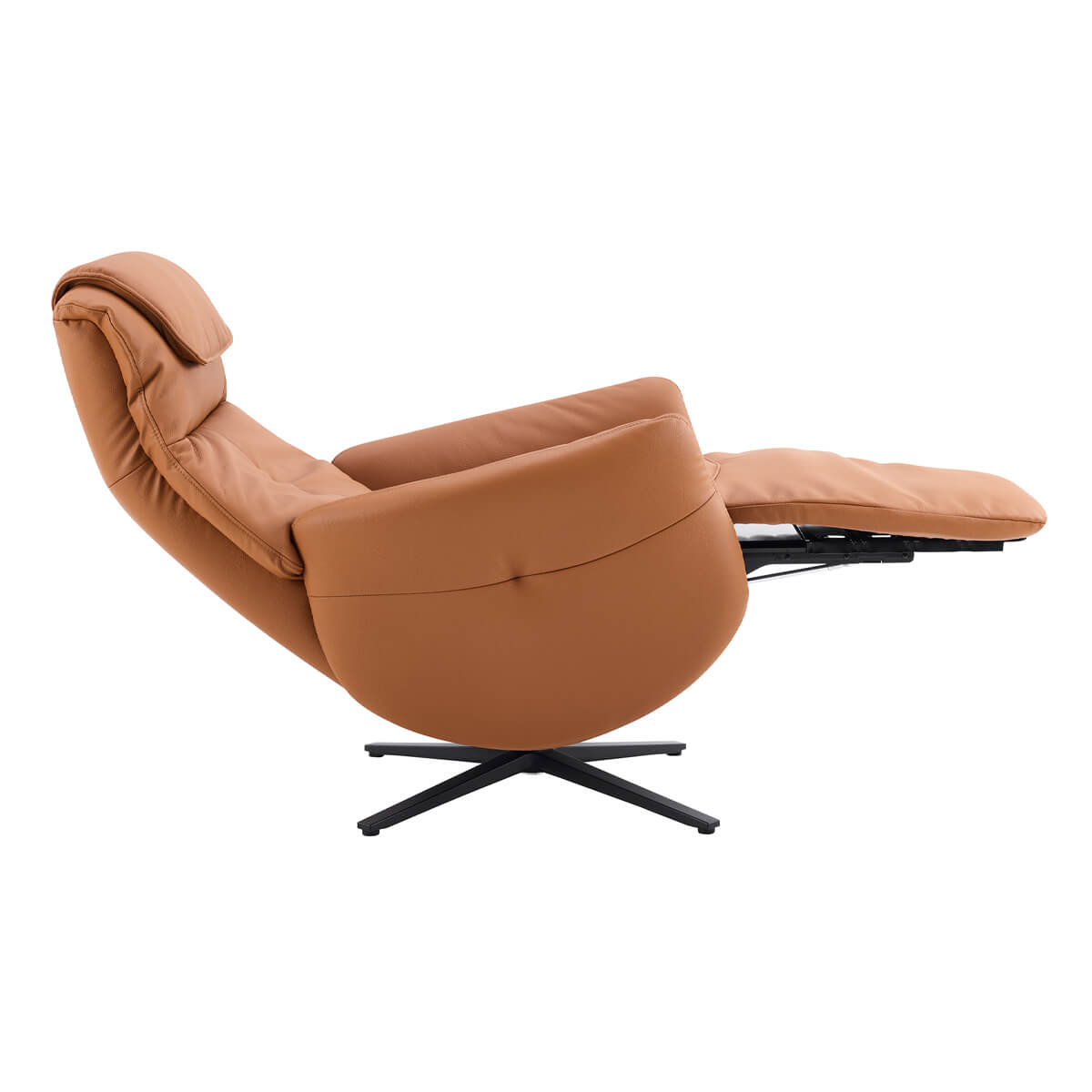 Lysa electric swivel recliner chair brown leather in fully reclined position