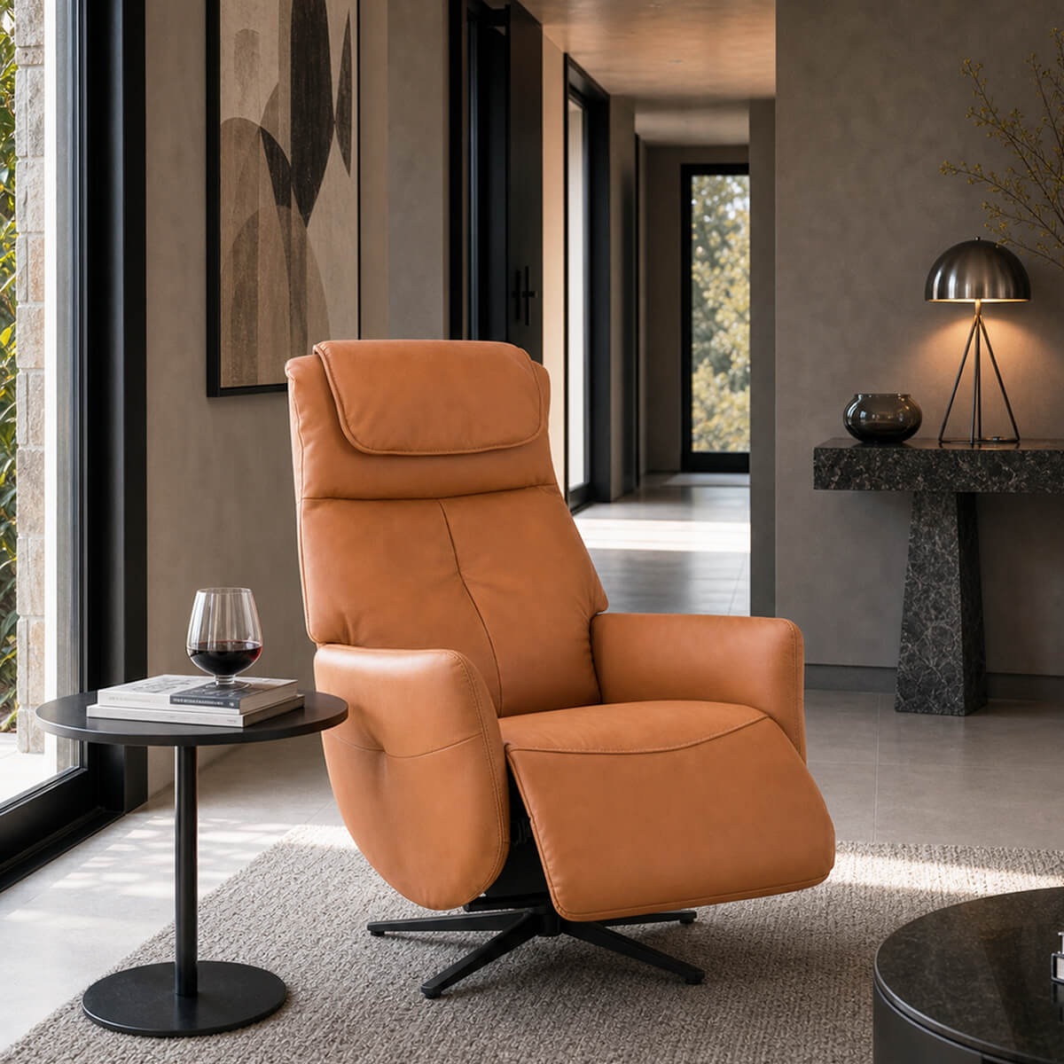 Copenhagen electric swivel recliner chair brown leather in a modern living room