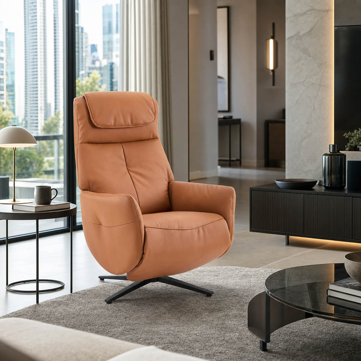 Lysa electric swivel recliner chair brown leather in a modern living room