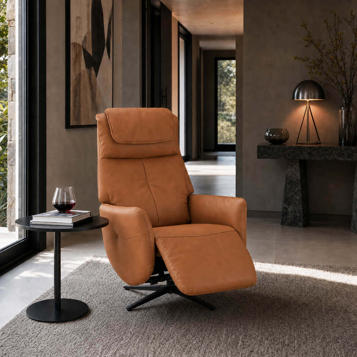 Lysa electric swivel recliner chair brown leather in a modern living room