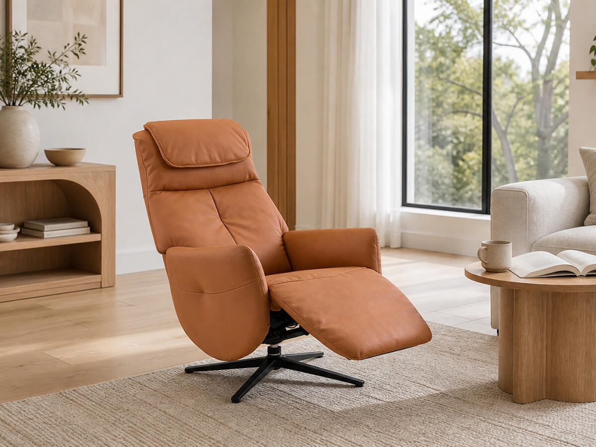 Lysa electric swivel recliner chair brown leather in a Scandinavian living room