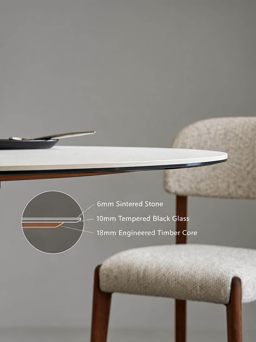 Aalto layered tabletop with sintered stone, tempered black glass and engineered timber core