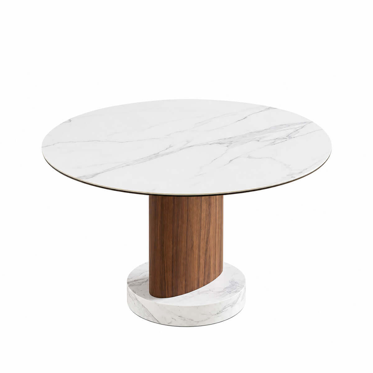 Aalto round dining table with sintered stone top, walnut pedestal and marble base