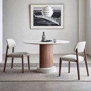 Aalto Round Sintered Stone Dining Table with walnut pedestal and marble base