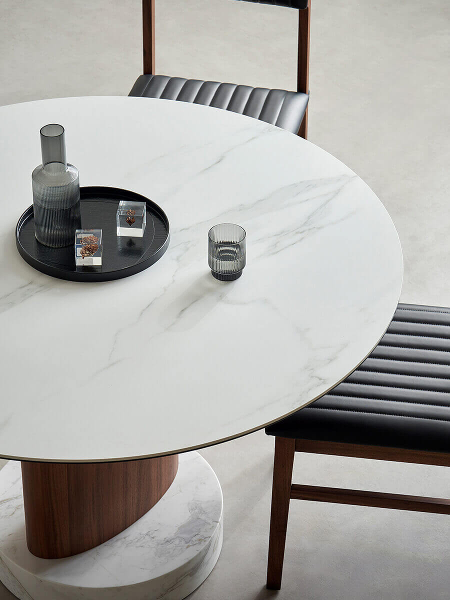 Aalto dining table round sintered stone tabletop with subtle veining