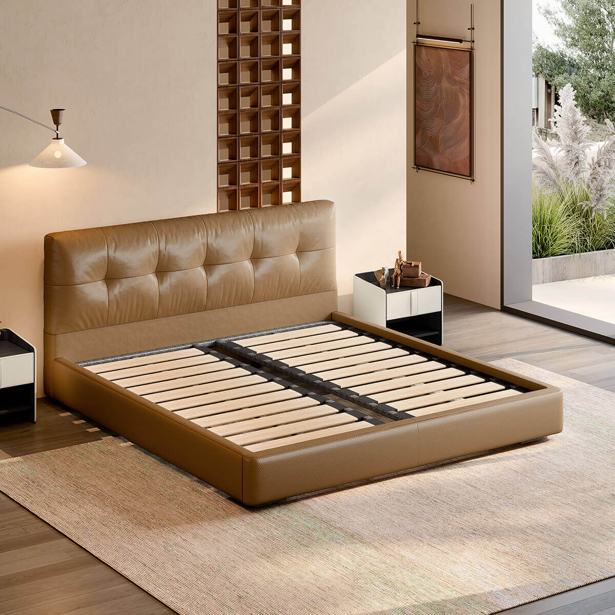 Alden Leather Bed Frame with larch wood slat system