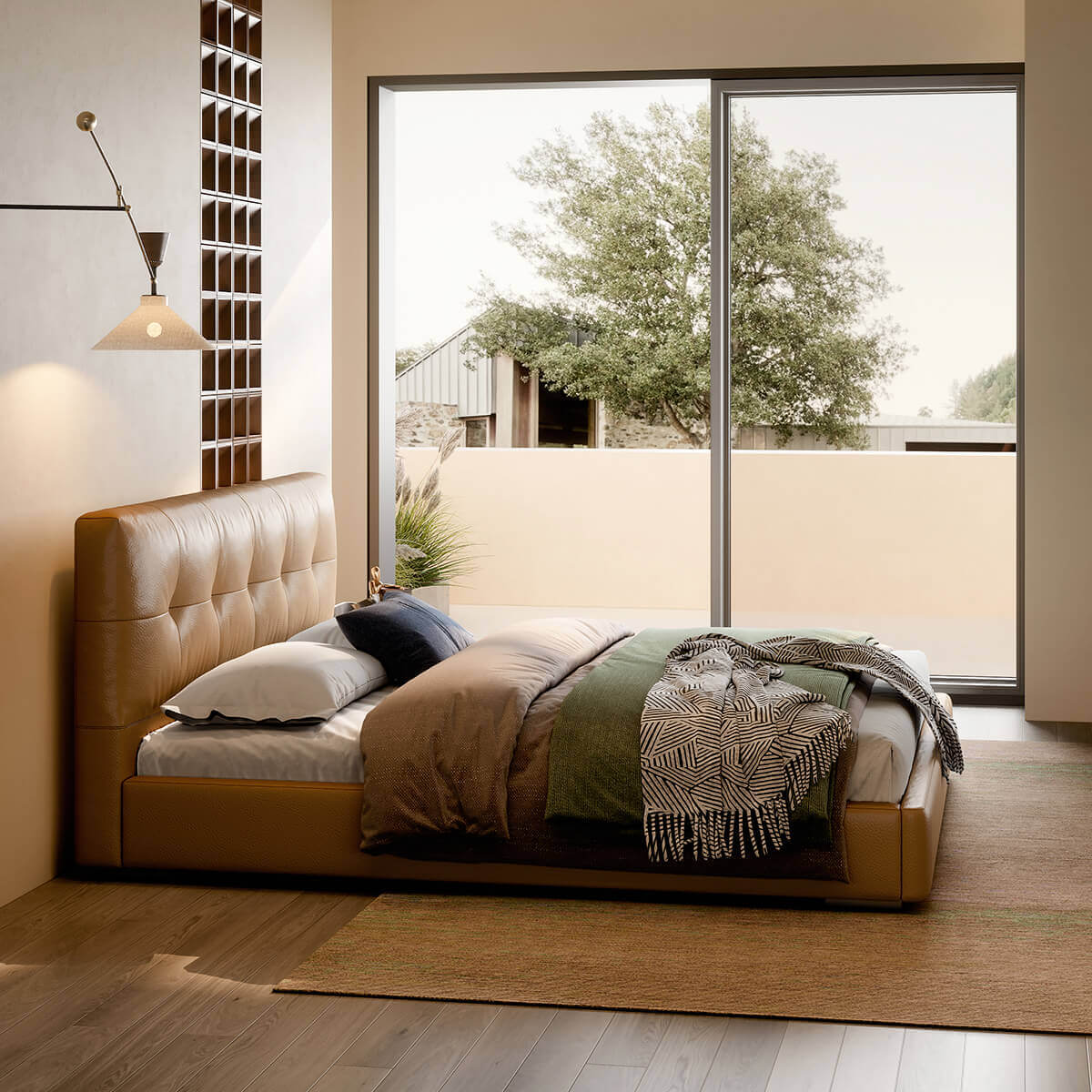 Alden Leather Bed Frame side view showing the padded headboard and low frame