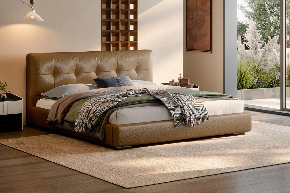 Alden Top-Grain Leather Bed Frame in a bedroom setting