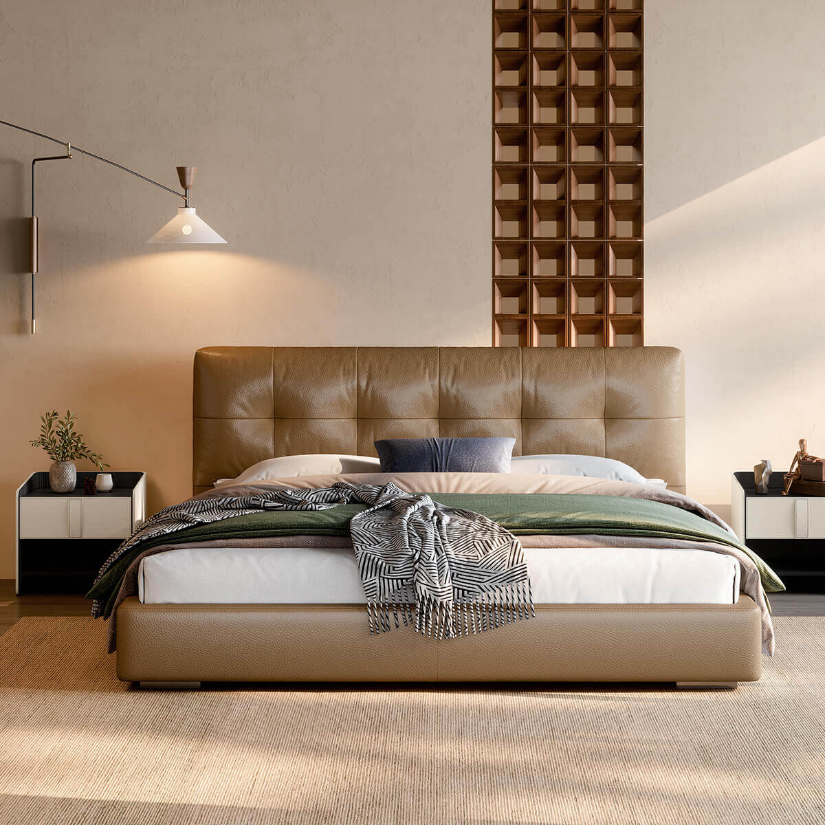 Alden Top-Grain Leather Bed Frame front view with deep tufted headboard