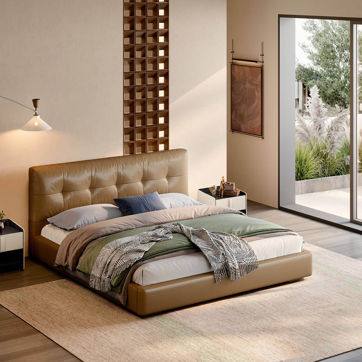 Alden Top-Grain Leather Bed Frame with deep tufted headboard