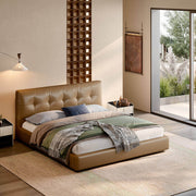 Alden Top-Grain Leather Bed Frame with deep tufted headboard