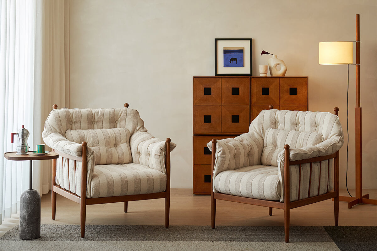 Pair of Allan Armchairs in striped fabric upholstery