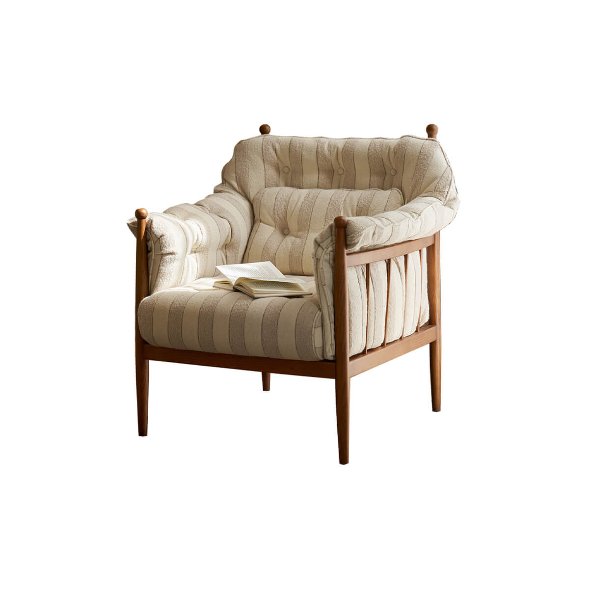 Allan Armchair front view in striped fabric upholstery