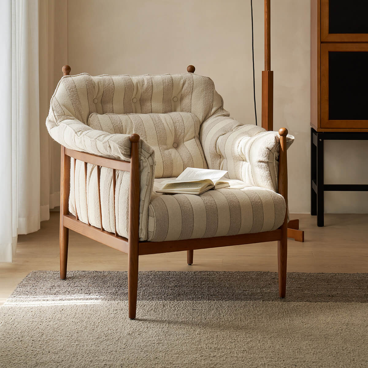 Allan Armchair in striped fabric upholstery