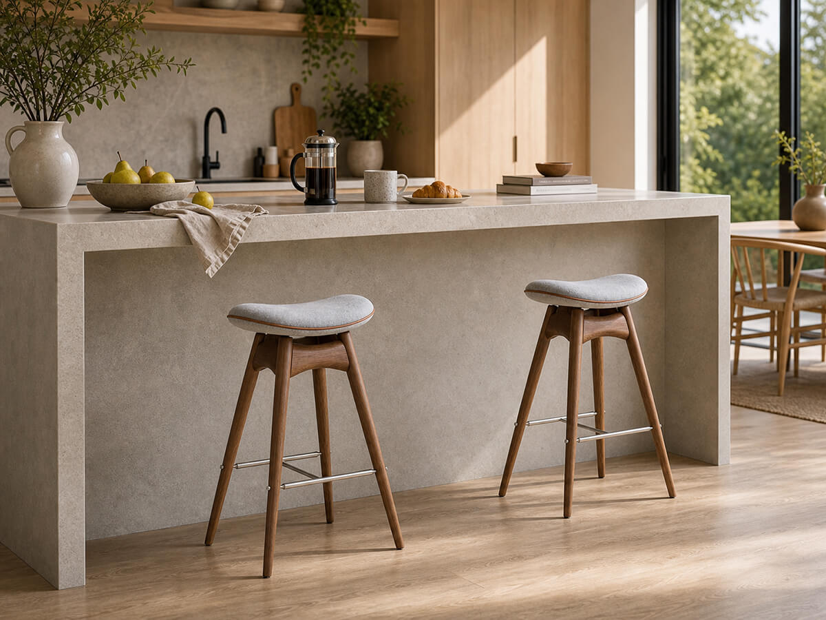 Two Andy upholstered bar stools with solid ash frames at a kitchen island