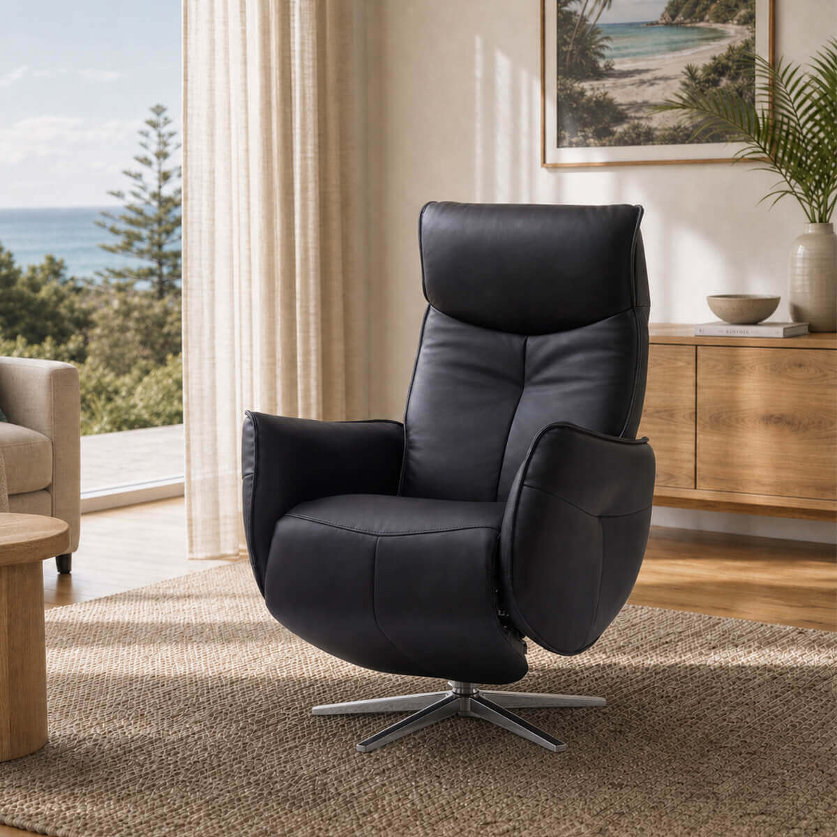 Anita swivel leather recliner chair in a bright contemporary living room