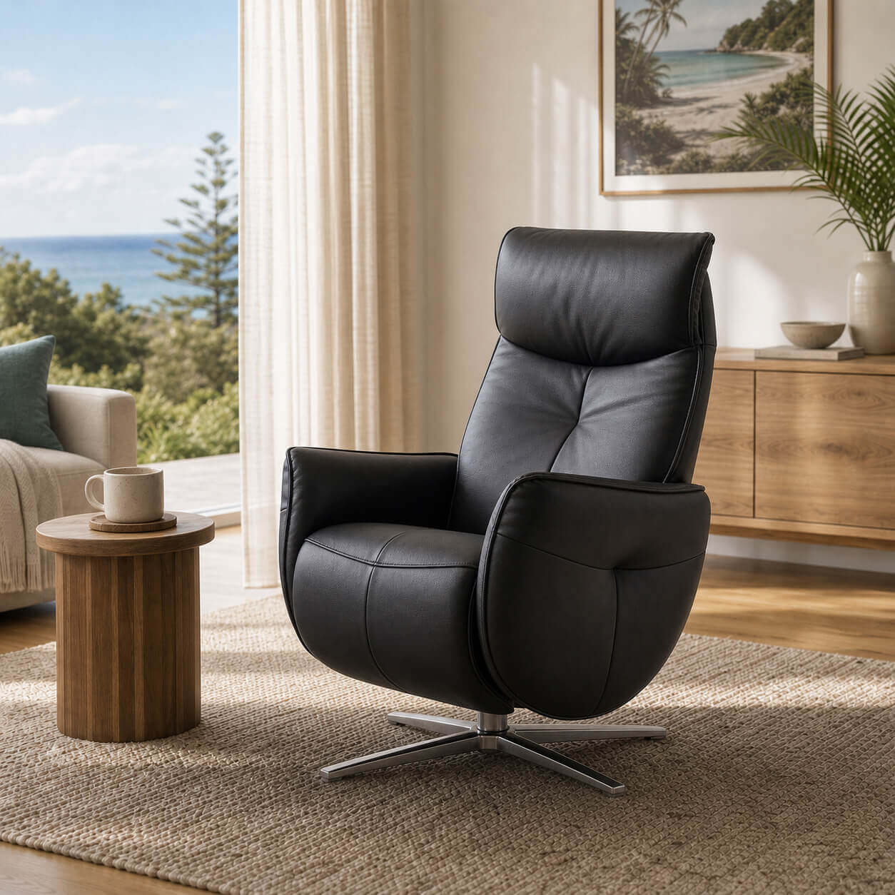 Anita swivel leather recliner chair in a bright contemporary living room