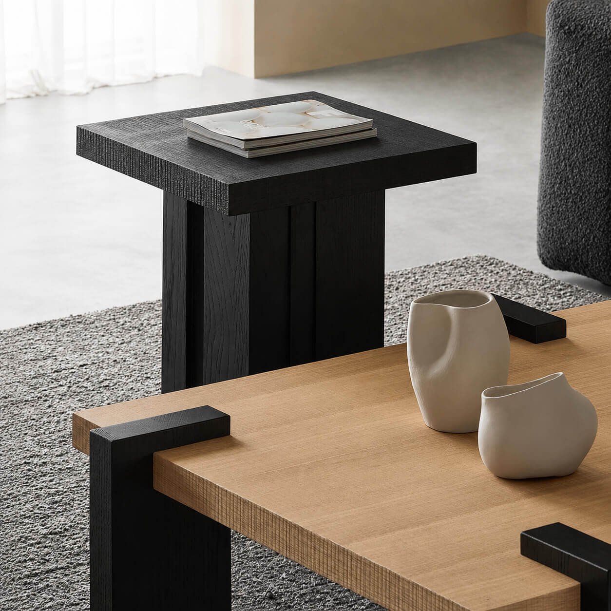 Close-up of the Anya oak side table with oak coffee table styling.