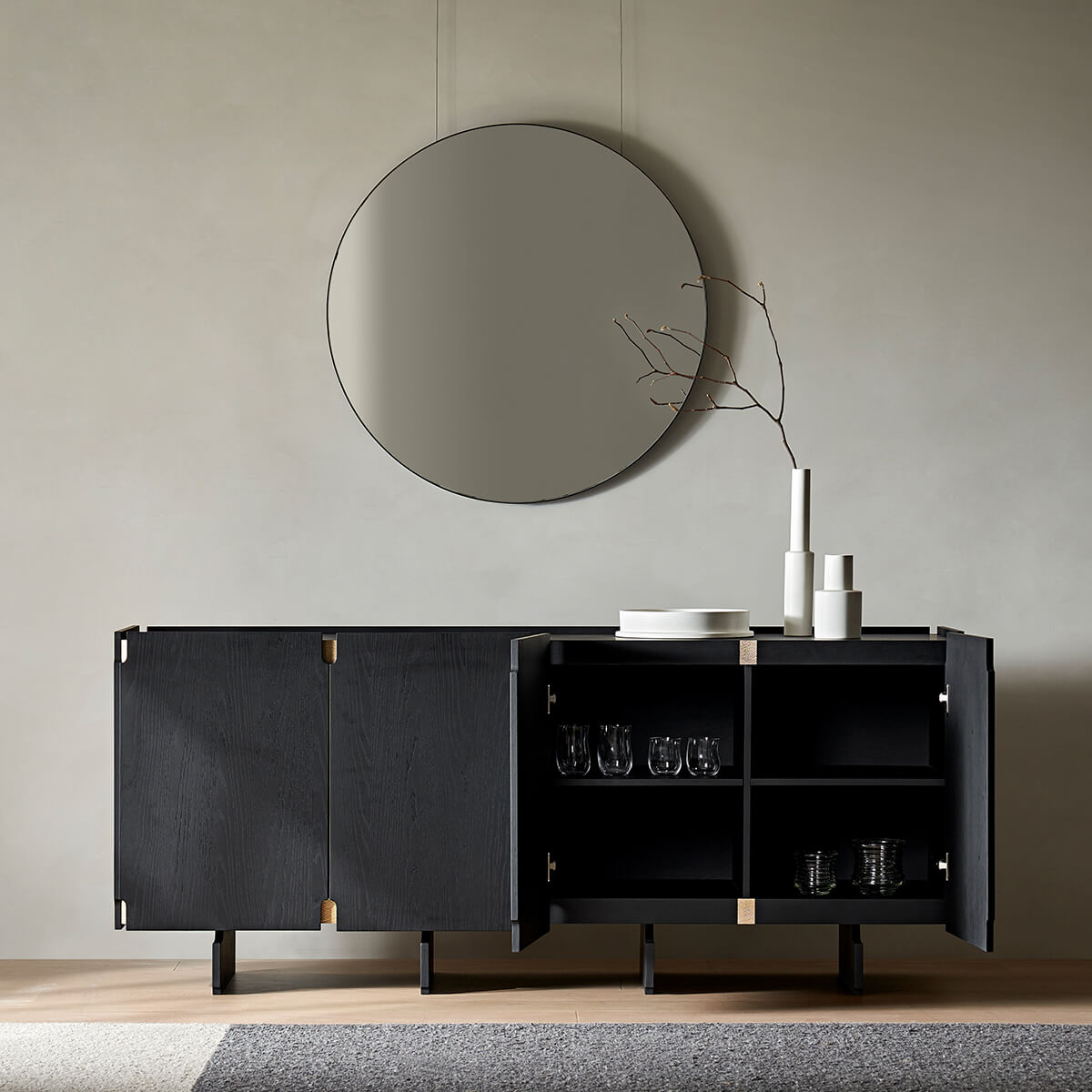 Arden black sideboard showing internal storage compartments