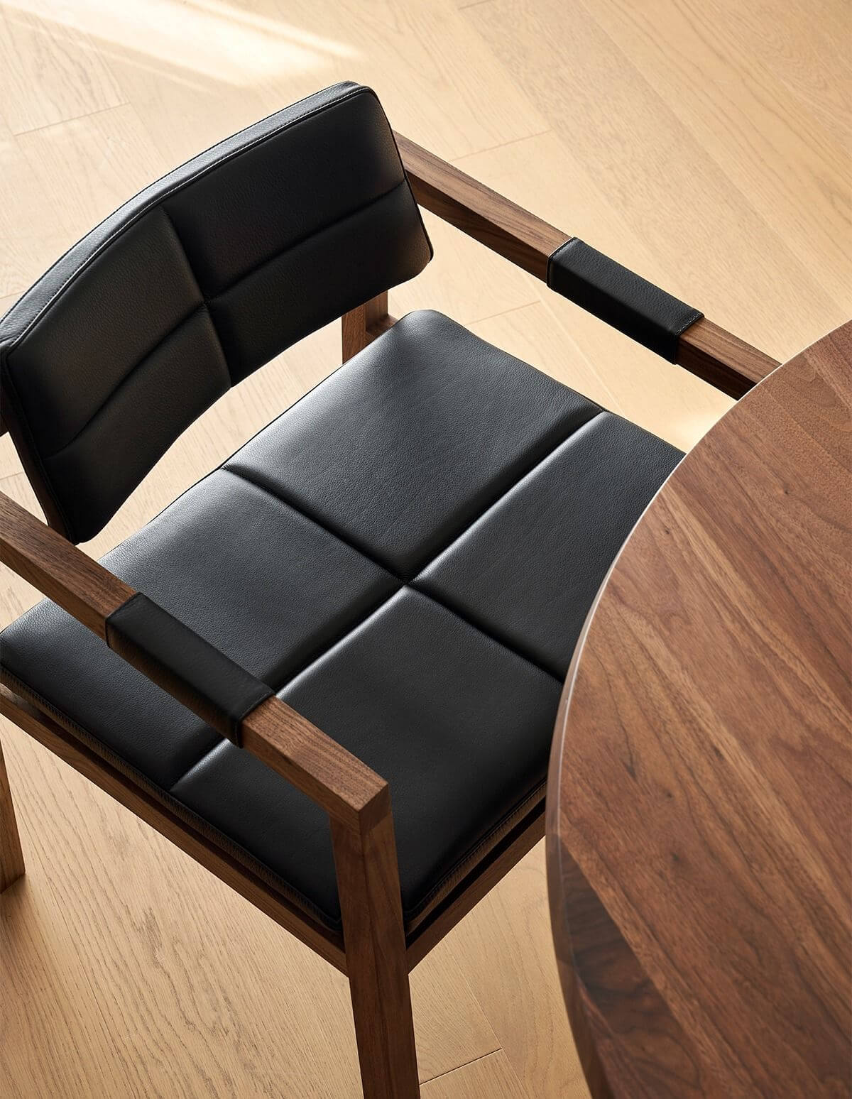 Arden dining chair backrest detail with full grain leather upholstery