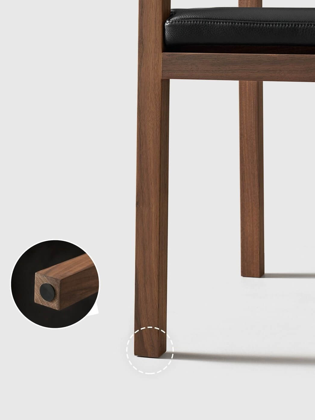 Solid walnut frame and leg detail of Arden dining chair