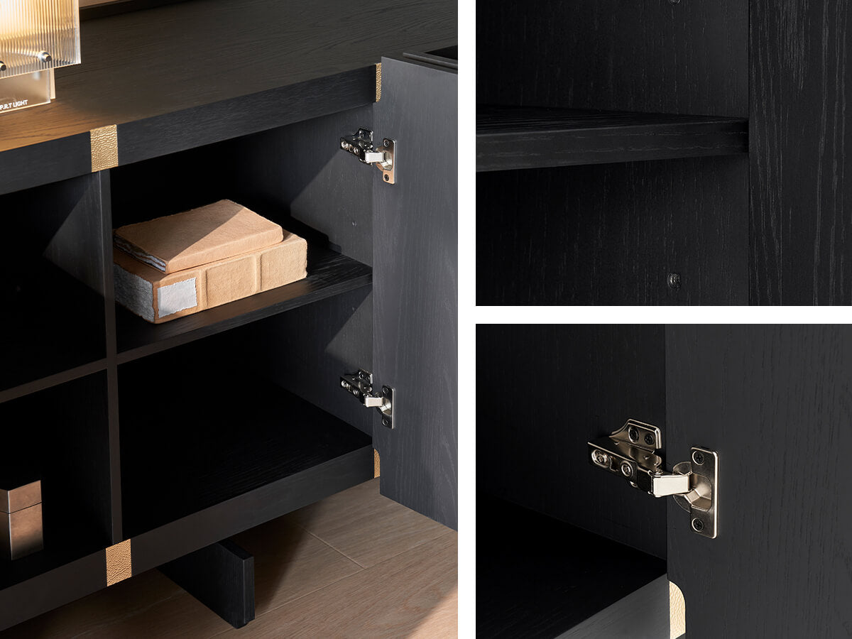 Internal shelving and storage compartments inside Arden sideboard