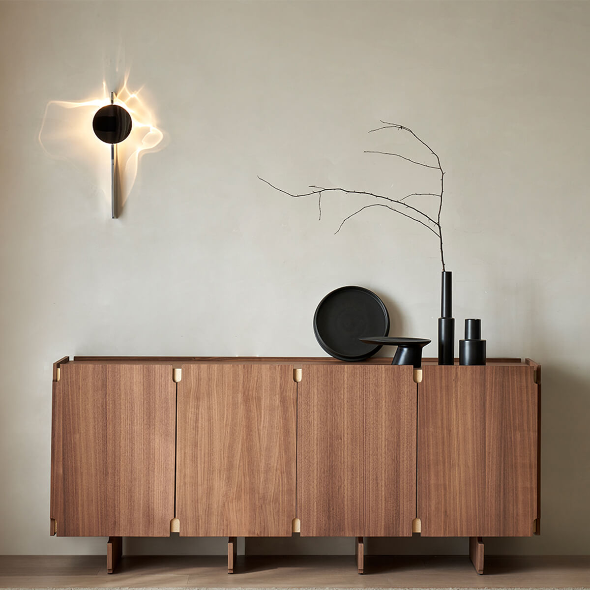 Arden walnut sideboard with brass accents in a contemporary living room