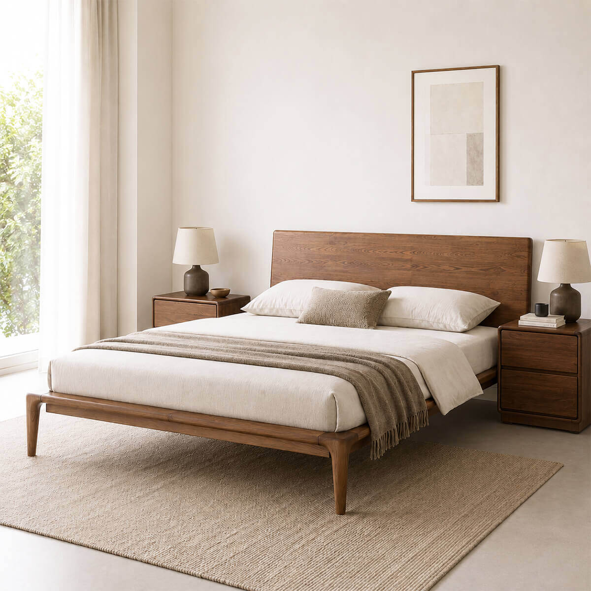 Arnold Solid Ash Bed Frame with leather upholstered headboard in a Scandinavian bedroom