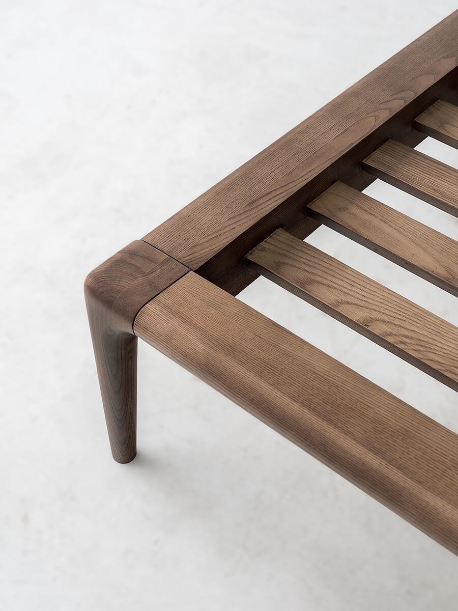 Close-up of the solid American ash corner joinery on the Arnold Bed Frame