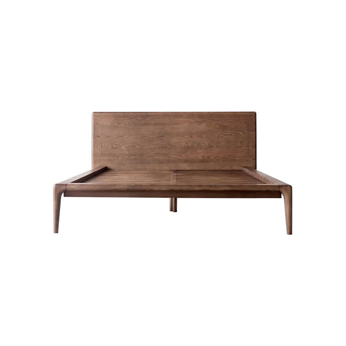Front view of the Arnold Solid Ash Bed Frame with leather headboard