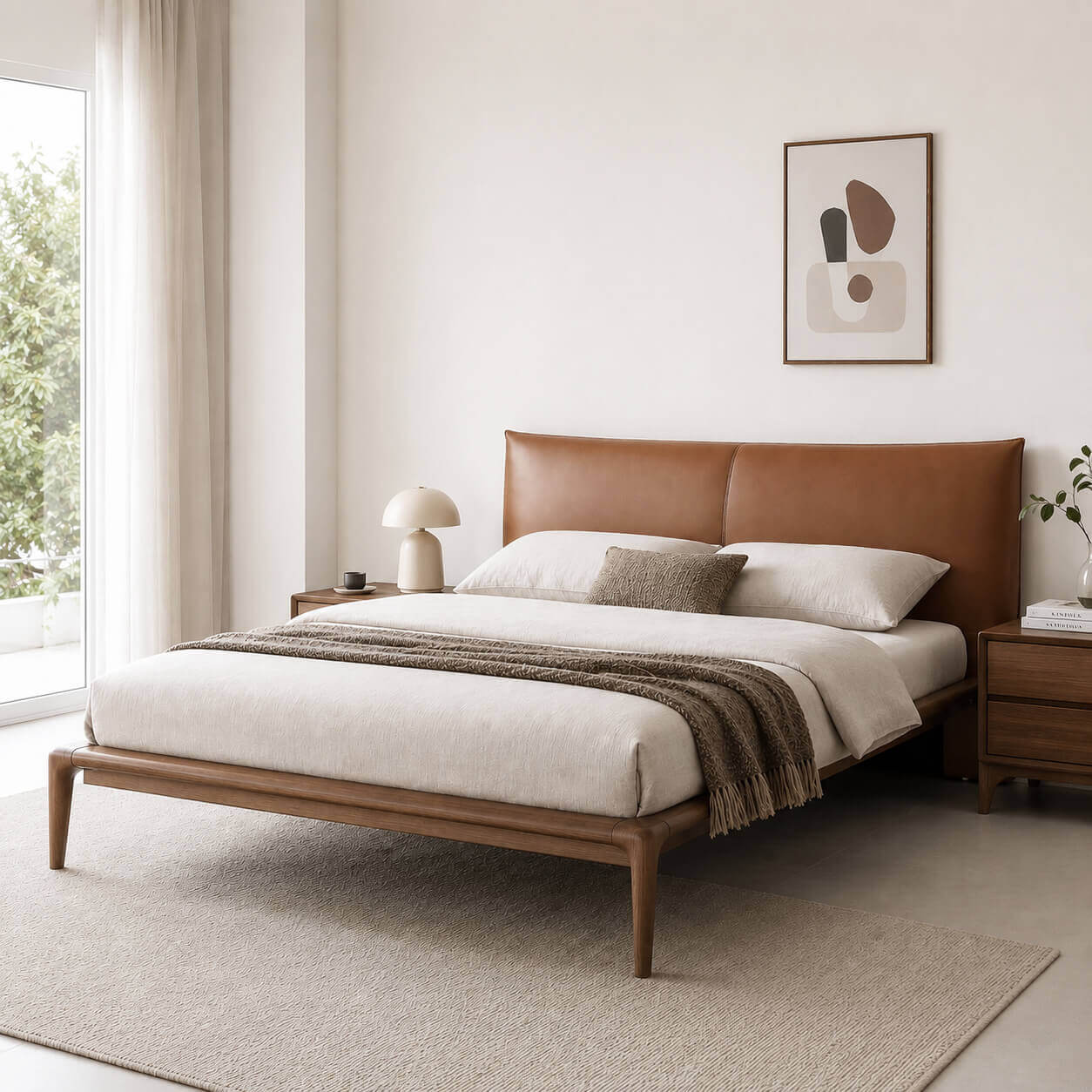 Arnold Solid Ash Bed Frame with top grain leather headboard in a modern bedroom