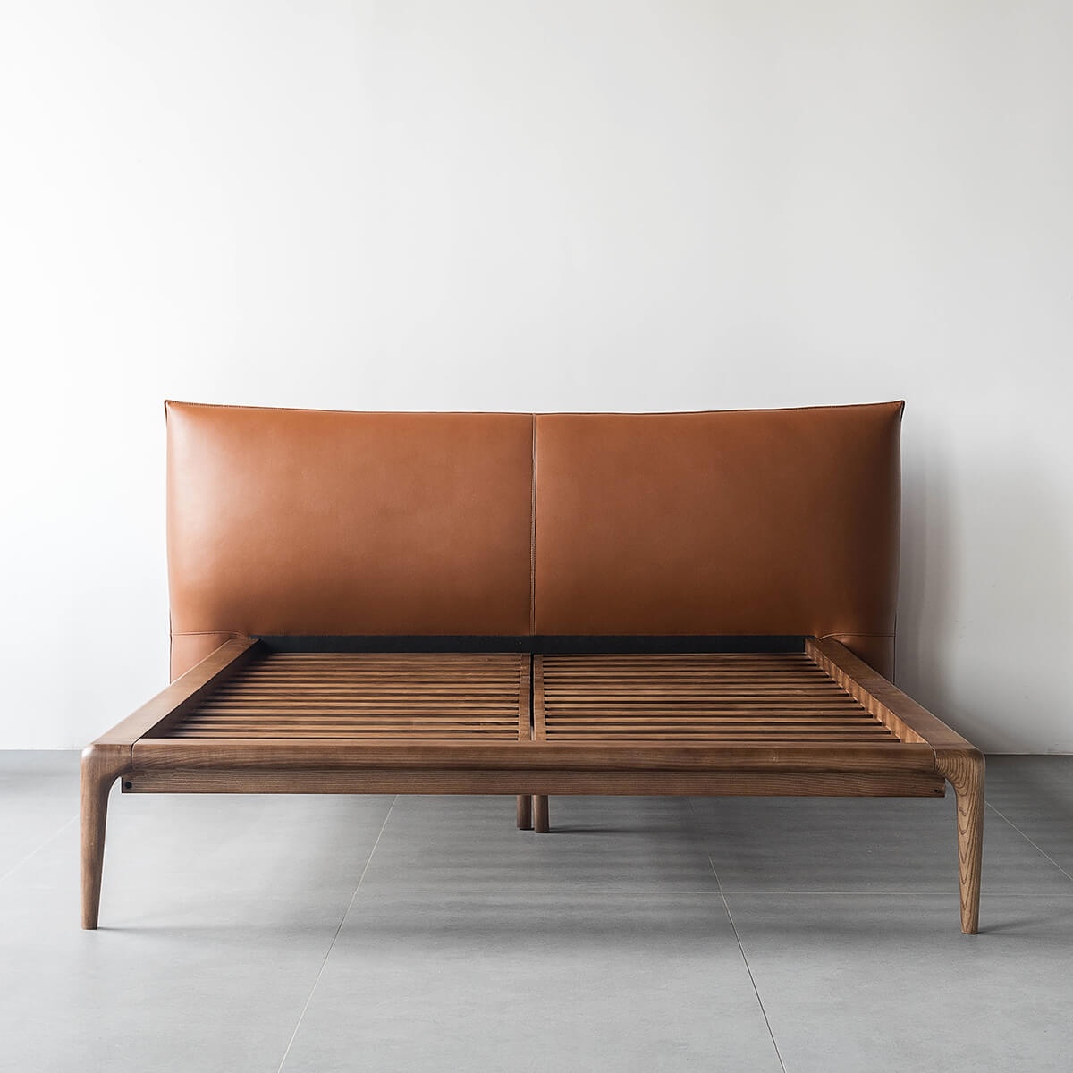 Arnold Solid Ash Bed Frame with top grain leather upholstered headboard