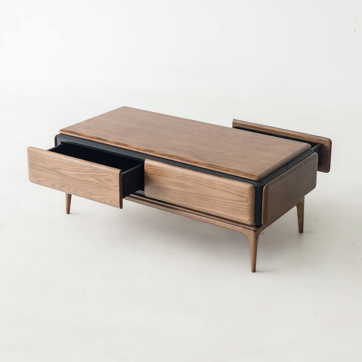 Arnold Solid Ash Coffee Table with two storage drawers open