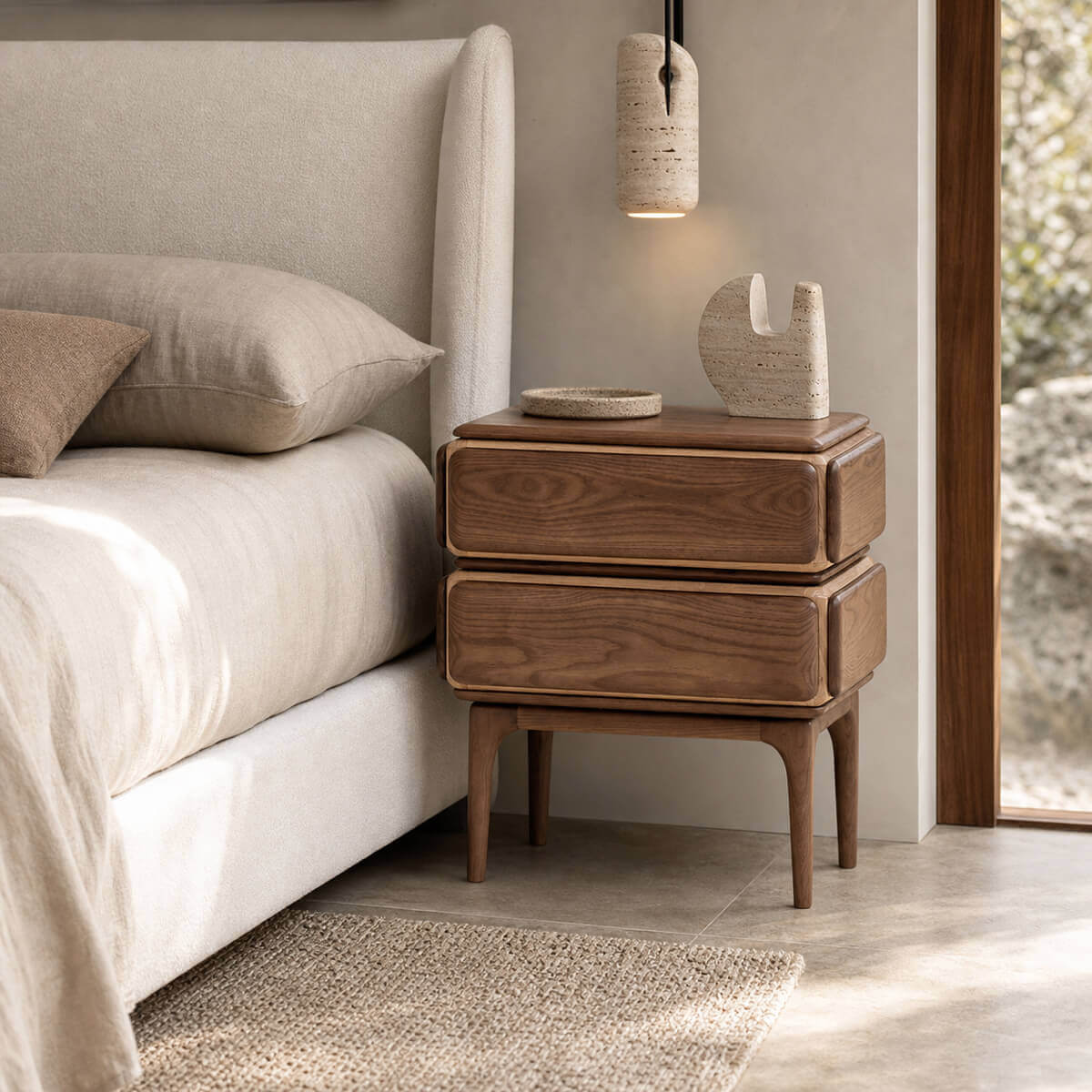 Arnold Solid Walnut Bedside Table in a contemporary bedroom