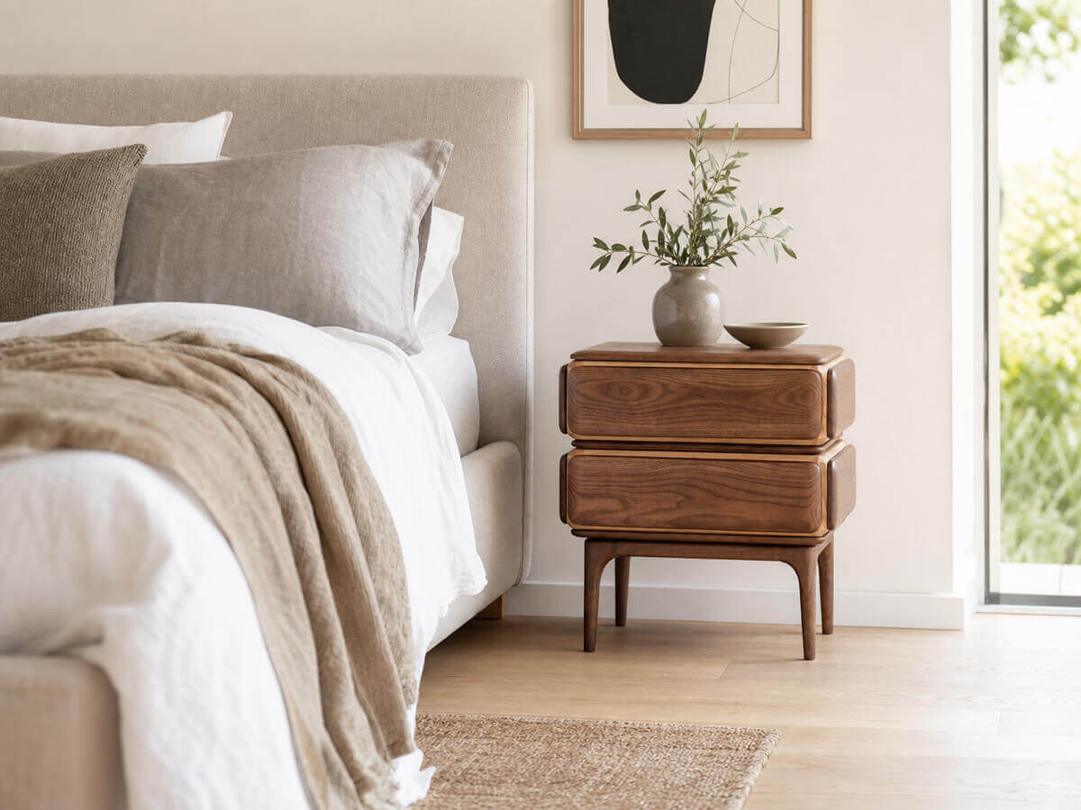 Arnold Solid Walnut Bedside Table in a bright modern bedroom