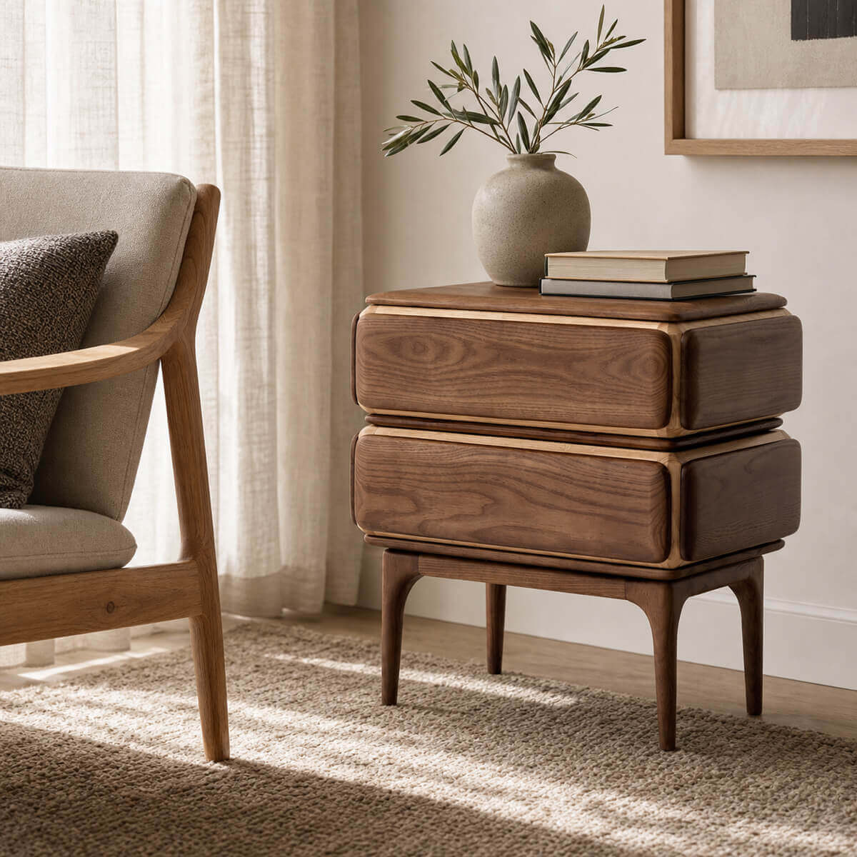 Arnold Solid Walnut Bedside Table styled beside an armchair