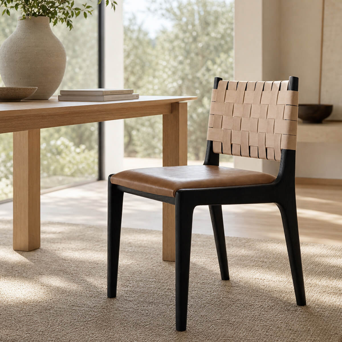 Arthur dining chair with woven leather strap backrest