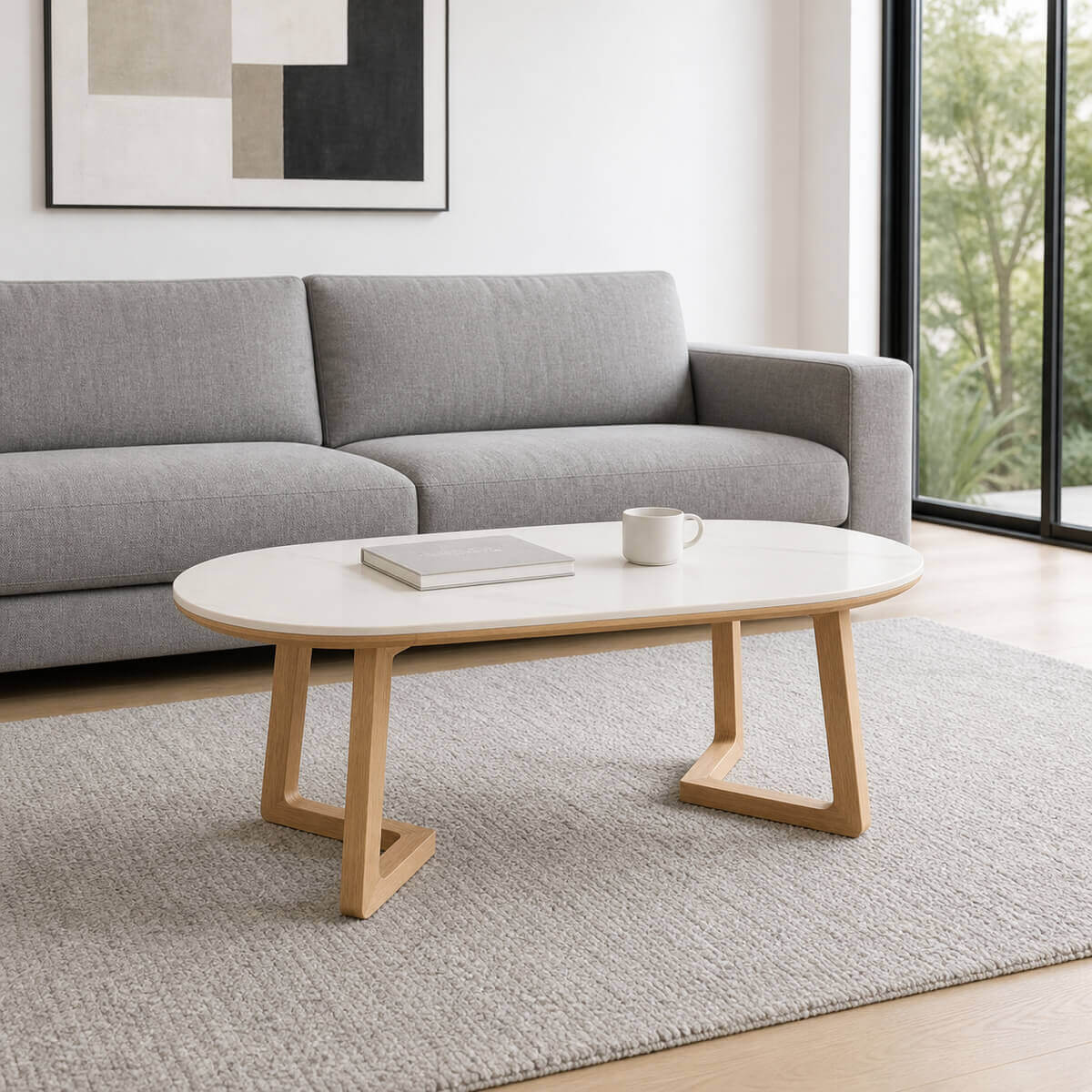 Aspen Solid Oak Coffee Table with white sintered stone top in a contemporary living room