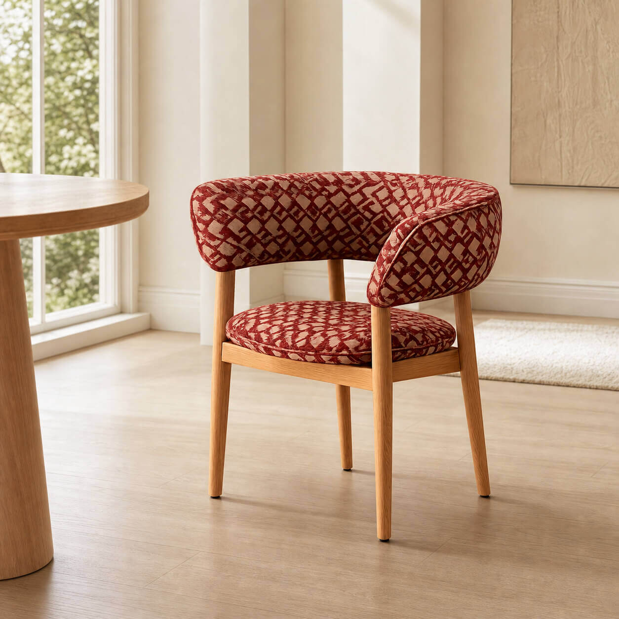 Aurelia arm dining chair with red patterned upholstery and solid walnut frame