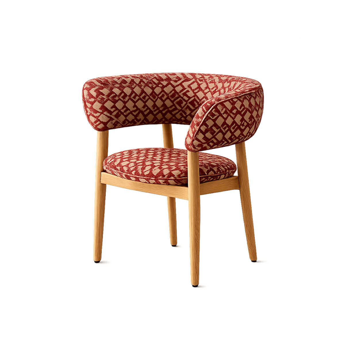 Aurelia arm dining chair with red patterned upholstery on a white background