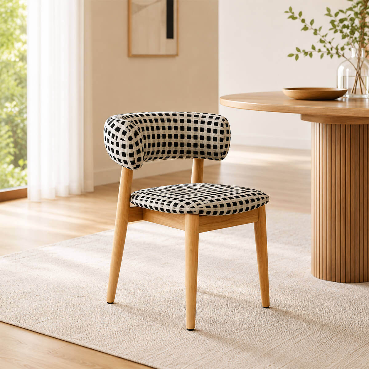 Aurelia dining chair with black and white patterned upholstery and solid walnut frame