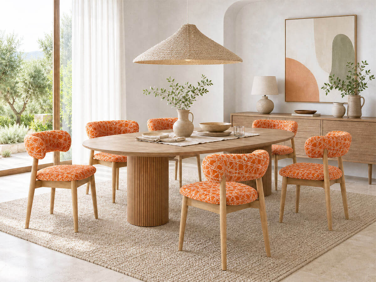 Aurelia dining chairs with orange patterned upholstery around a walnut dining table