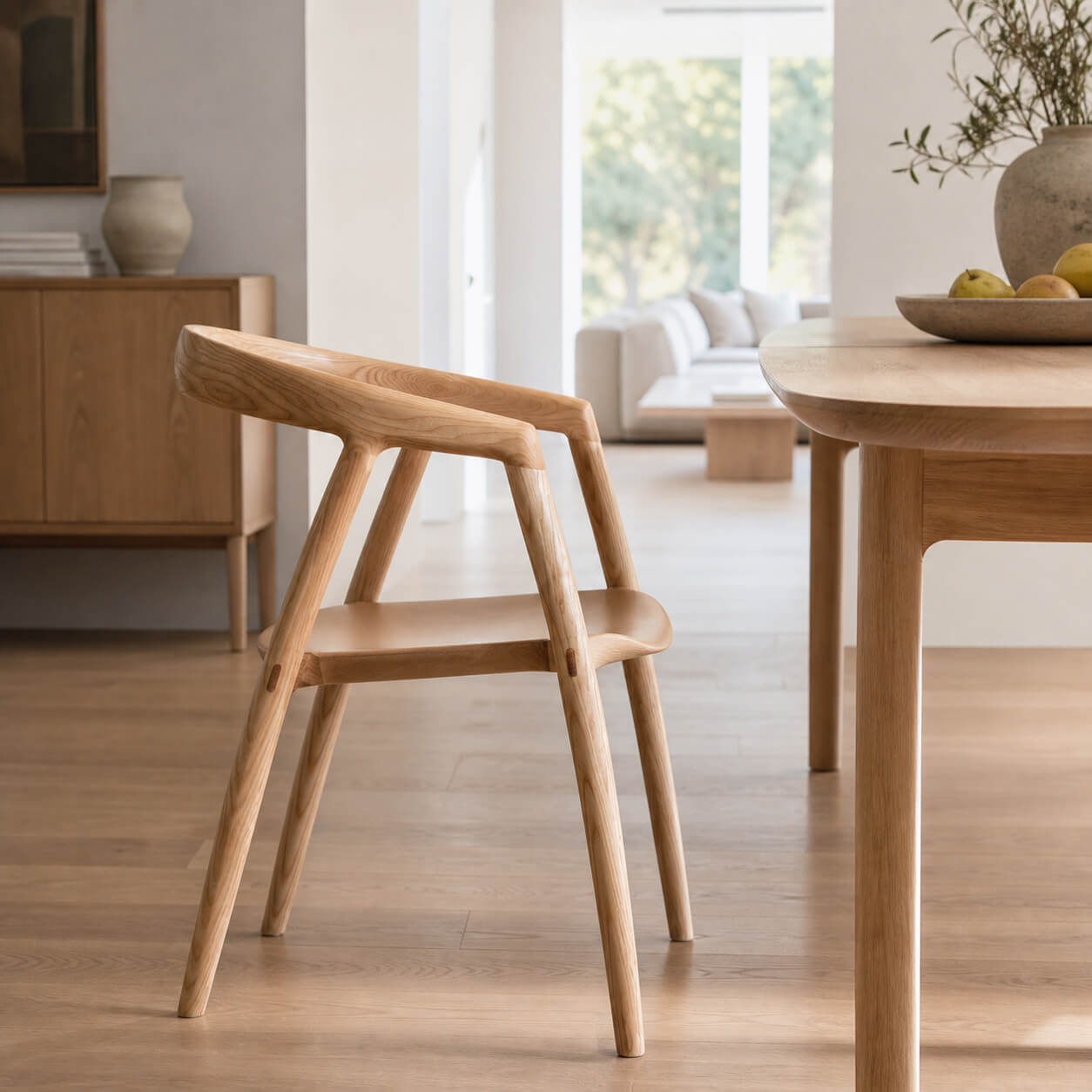 Side view of Bata timber dining chair in a modern Scandinavian dining space