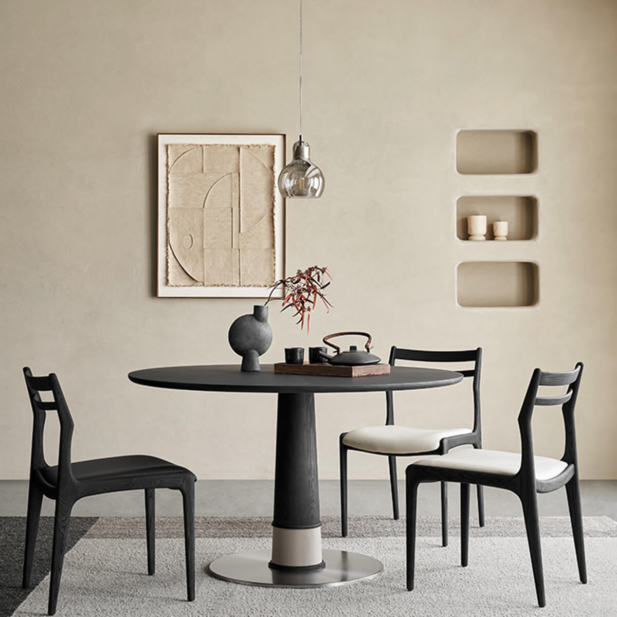 Beck dining chairs around modern round dining table