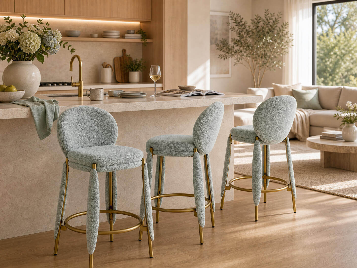Belle Bar Stool blue set around kitchen island
