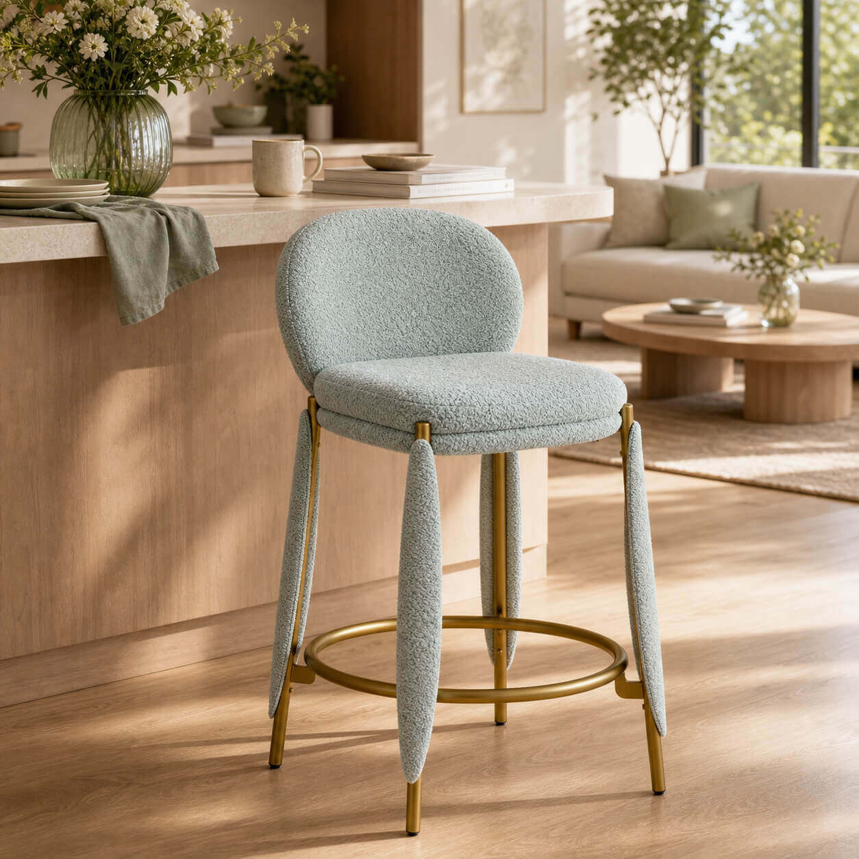 Belle Bar Stool with blue upholstered seat beside kitchen island